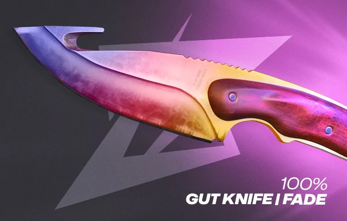 CS2 Gut Knife Fade 100% Max Fade pattern featuring a fully saturated blade with maximum pink and purple Fade coverage and virtually no gold visible. This rare top-tier Fade pattern is considered the most desirable version of the Gut Knife Fade skin due to its flawless color distribution, premium appearance, and significantly higher market value among CS2 collectors and traders.
