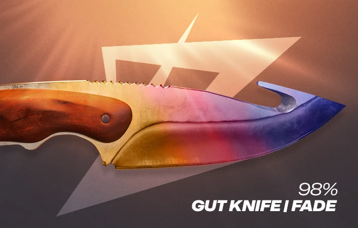 S2 Gut Knife Fade 98% pattern showcasing a near-max Fade finish with an intense blend of bright pink and rich purple colors covering almost the entire blade. Gold sections are extremely limited, creating a highly desirable and visually clean appearance that is favored by CS2 skin collectors and often associated with higher market value due to its rarity and premium color distribution.