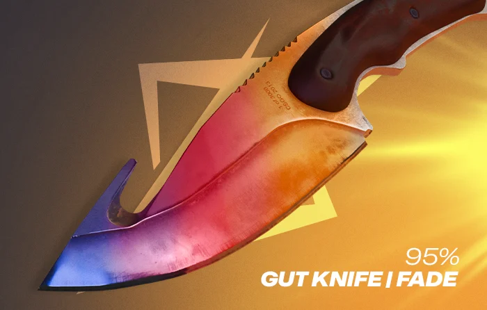 CS2 Gut Knife Fade 95% pattern featuring a blade covered almost entirely in vibrant pink and deep purple Fade colors with only small traces of gold near the handle or edge. This high Fade percentage is considered a premium pattern among CS2 collectors because of its rare color balance, cleaner visual appearance, and stronger concentration of desirable Fade tones compared to lower percentage patterns.