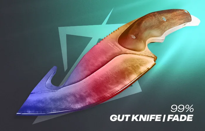 CS2 Gut Knife Fade 99% pattern featuring an ultra high-tier Fade finish with the blade almost completely covered in vivid pink and deep purple tones. Visible gold coloring is nearly absent, resulting in an exceptionally clean and premium appearance. Due to its rare color distribution and maximum Fade look, this pattern is highly sought after by CS2 collectors and traders and is commonly valued higher than lower Fade percentage variants.