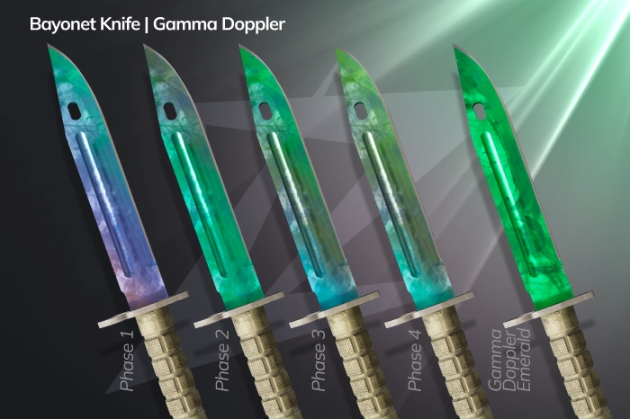 Bayonet Gamma Doppler in CS2 featuring a sleek emerald-green metallic blade with a clean Phase 4 pattern, classic bayonet design, vibrant green and cyan tones, premium collector knife with a polished finish, offering a high-end Gamma Doppler look at a more accessible price point.