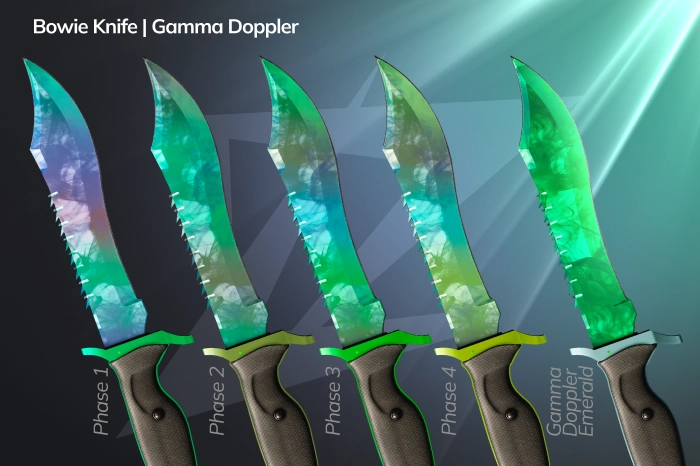 Butterfly Knife Gamma Doppler in CS2 featuring a vibrant green metallic Phase 2 blade finish, iconic butterfly knife design with legendary inspect animations, premium collector skin with minimal dark areas, high-value Gamma Doppler pattern, and one of the most sought-after knives for luxury CS2 inventories.