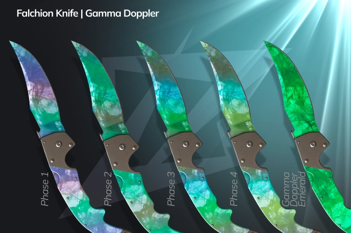 Falchion Knife Gamma Doppler in CS2 featuring a bright green metallic Phase 2 finish across both the curved blade and handle, unique full-skin coverage design, eye-catching inspect animations, premium mid-tier collector knife from the Dreams and Nightmares and Operation Riptide Cases.