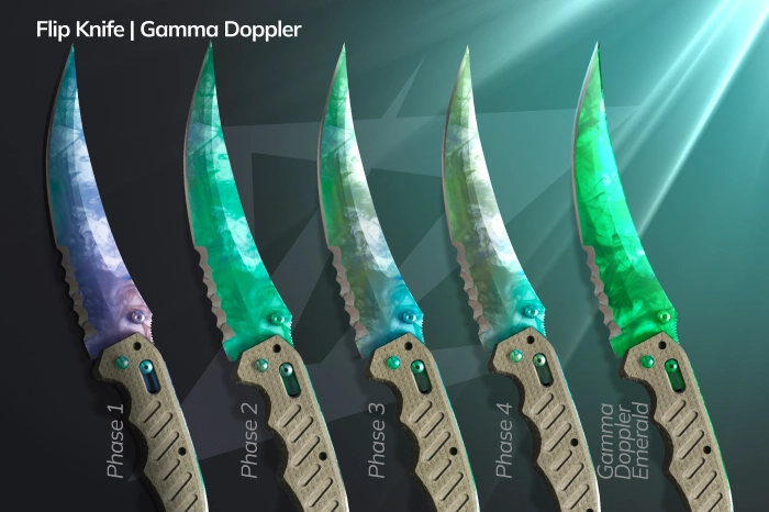 Flip Knife Gamma Doppler in CS2 featuring a bright green metallic blade with a clean Phase 2 finish, sleek flip knife design, premium emerald-inspired appearance, smooth animations favored by AWP players, and a stylish mid-tier collector knife with vibrant Gamma Doppler colors.