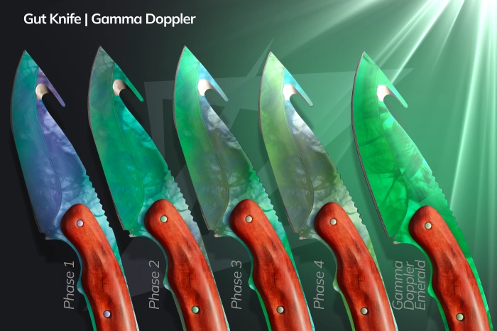 Gut Knife Gamma Doppler in CS2 featuring a bright emerald-green metallic blade with a clean Phase 2 finish, distinctive oversized gut hook design, vibrant Gamma Doppler colors, affordable collector knife from the Gamma and Gamma 2 Cases, and a budget-friendly choice for a green-themed CS2 inventory.