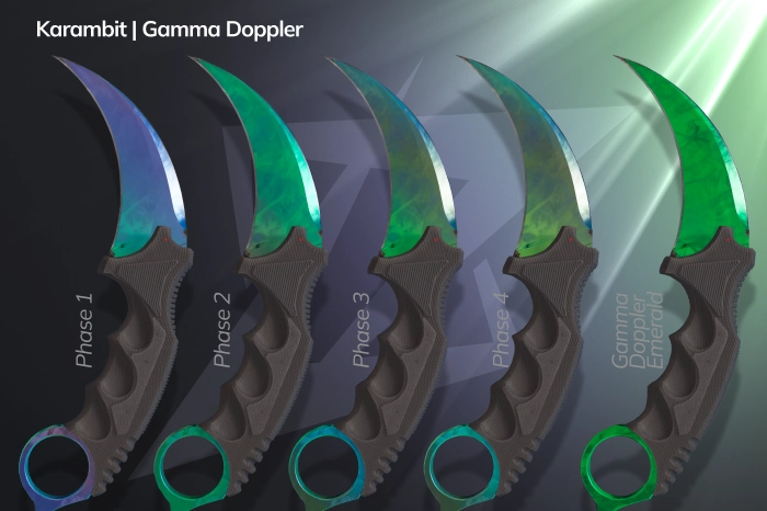 Karambit Gamma Doppler knife in CS2 featuring a vibrant green metallic blade finish with a clean Phase 2 pattern, minimal dark spots, curved karambit design, premium collector skin from the Gamma and Gamma 2 Cases, showcased during in-game inspect animation.