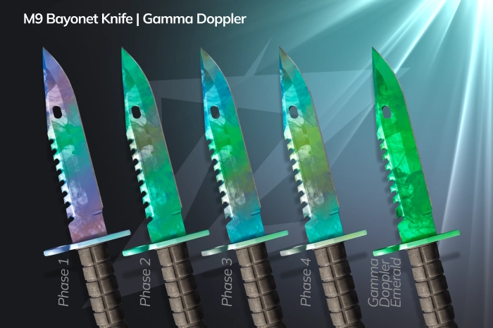 M9 Bayonet Gamma Doppler in CS2 featuring a massive emerald-green metallic blade with a clean Phase 2 pattern, premium high-tier collector knife, vibrant green finish with minimal dark spots, large blade surface showcasing Gamma Doppler colors, and one of the most desirable knives for luxury CS2 inventories.