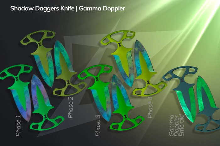 Shadow Daggers Gamma Doppler in CS2 featuring dual emerald-green metallic blades with a clean Phase 4 pattern, vibrant glossy finish, matching blade designs, budget-friendly collector knife from the Dreams and Nightmares and Operation Riptide Cases, offering a flashy and affordable Gamma Doppler look.