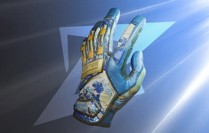 Specialist Gloves | Big Swell with blue and white wave artwork inspired by The Great Wave off Kanagawa, released in the Sealed Dead Hand Terminal case. These blue CS2 (CS:GO) gloves pair perfectly with Case Hardened knives and suit Japanese-inspired inventory themes.