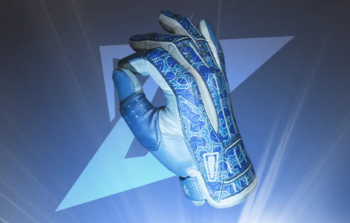 Specialist Gloves | Cloud Chaser featuring dark blue leather with intricate dragon and cloud artwork inspired by East Asian art, released in the Sealed Dead Hand Terminal case. These blue CS2 gloves pair especially well with Phase 4 Doppler M9 Bayonet knives.