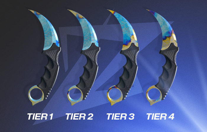 Karambit Blue Gem Case Hardened pattern tier comparison showing Tier 1, Tier 2, Tier 3, and Tier 4 seeds with different levels of playside blue coverage, illustrating how blue percentage affects rarity and value.