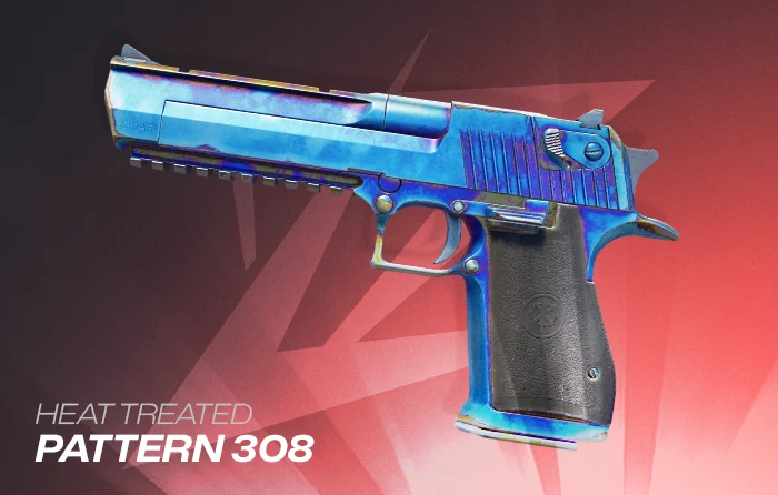 Desert Eagle Heat Treated Pattern #308 featuring 75.14% playside blue coverage with subtle gold and purple accents along the top of the slide, creating a desirable Heat Treated Desert Eagle finish.