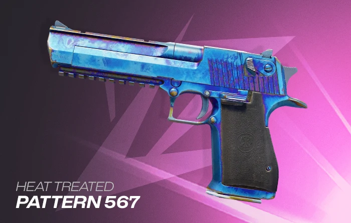 Desert Eagle Heat Treated Pattern #567 featuring 75.83% playside blue coverage with small gold and purple accents, making it one of the best Heat Treated Deagle patterns in CS2.