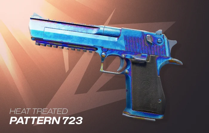 Deagle Heat Treated Blue Gem Pattern #723 displaying about 70% playside blue coverage and a valuable Heat Treated Desert Eagle pattern for CS2 collectors.