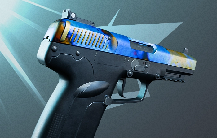 Five-SeveN Heat Treated Blue Gem pattern #308 with 75.14% blue playside coverage, showcasing a blue slide accented by a gold and purple line along the top, making it one of the most visually appealing Five-SeveN Blue Gem patterns.