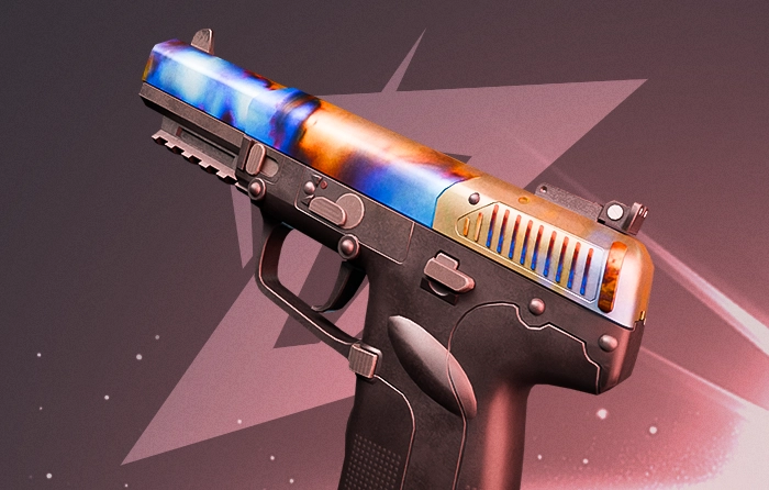 Five-SeveN Heat Treated Blue Gem pattern #704 with 77.3% blue playside coverage, featuring an almost entirely blue slide with subtle gold hues near the top, making it one of the highest-valued collector patterns in CS2.