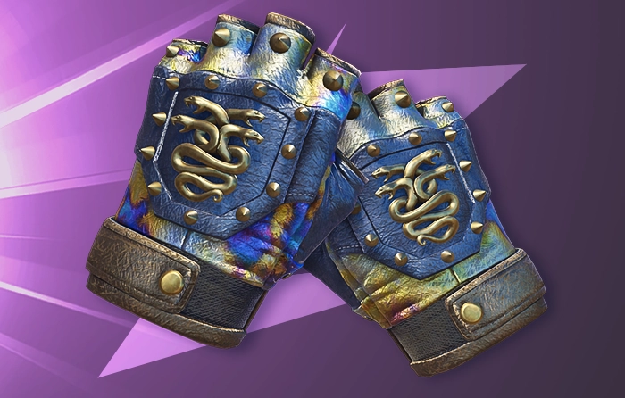 Hydra Gloves Case Hardened Blue Gem Pattern #1 (Tier 4) featuring limited blue in the form of a purple-blue patina along the lower sides, mixed with gold and green swirls. Warm bronze, gold, and rainbow metallic tones dominate the fingers, cuffs, and the rest of the gloves, creating a classic Case Hardened finish with minimal Blue Gem coverage.