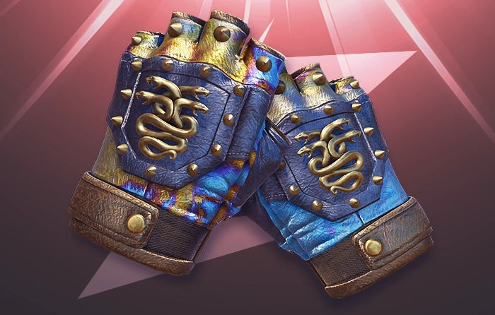 Hydra Gloves Case Hardened Blue Gem Pattern #113 (Tier 2) featuring a right glove with clean, even blue coverage around the cuff that resembles a Tier 1 Blue Gem, while the left glove displays a warm gold-purple patina with minimal blue and a vibrant rainbow shimmer along the lower section. This asymmetric pattern is a sought-after collector option offering strong Blue Gem appeal at a lower premium than Tier 1.