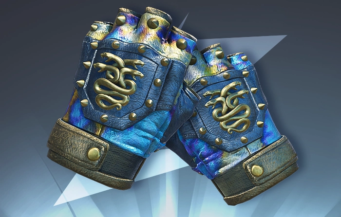 Hydra Gloves Case Hardened Blue Gem Pattern #143 (Tier 3) featuring rich blue around both cuffs with evenly distributed blue coverage, complemented by purple, gold, and turquoise rainbow patina across the fingers and side panels. The mixed blue and warm tones create a vibrant iridescent Case Hardened finish that is popular among collectors who prefer the signature multicolor shimmer over solid blue coverage.
