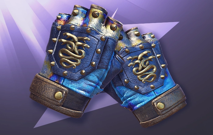 Hydra Gloves Case Hardened Blue Gem Pattern #221 (Tier 1), a famous benchmark featuring a silvery-steel backhand framed by rich blue on the wrists, cuffs, and edges, with gold and purple accents on the fingers. Known for its balanced cool-tone contrast and almost no visible yellow, this incredibly rare collector pattern commands a substantial market premium.