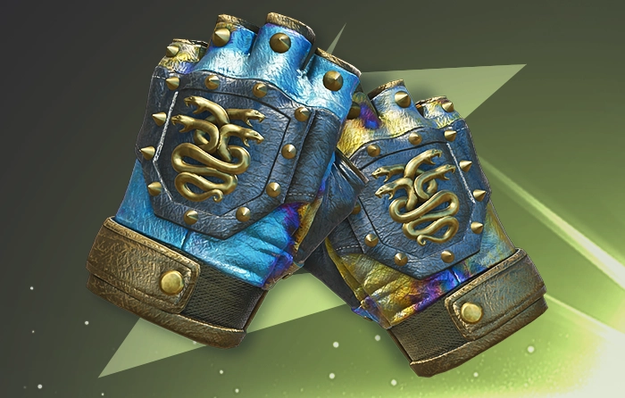 Hydra Gloves Case Hardened Blue Gem Pattern #25 (Tier 3) featuring a balanced blue-and-gold finish, with one glove almost entirely covered in rich blue across the fingers and cuff, while the other displays a warm gold-purple patina with rainbow swirls and very little blue.