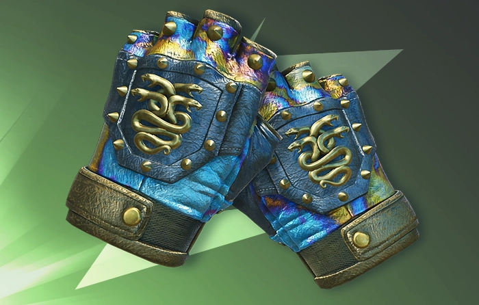 Hydra Gloves Case Hardened Blue Gem Pattern #31 (Tier 2) featuring an even sky-blue finish around the cuffs, especially on the left glove, with rainbow Case Hardened colors across the fingers and side panels, including purple, gold, turquoise, and blue. The right glove blends cool and warm tones, creating a distinctive multicolor finish that offers strong Blue Gem appeal at a lower price than Tier 1 patterns.