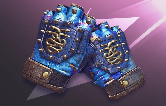 Hydra Gloves Case Hardened Blue Gem Pattern #399 (Tier 1) featuring heavy blue coverage across the fingers, cuffs, and side panels, with a clean cool-blue left glove and subtle gold-purple patina accents on the right glove. The signature steel snake backhand panel remains unchanged, while the saturated blue finish makes this rare collector pattern highly sought after and valued at a collector-level premium.