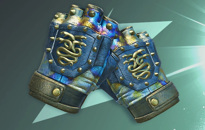 Hydra Gloves Case Hardened Blue Gem Pattern #8 (Tier 4) featuring purple-blue patina on the fingers, subtle blue along the lower sides, and a vibrant metallic rainbow finish with gold, turquoise, green, and purple across the gloves. This affordable Case Hardened pattern is popular for its chaotic multicolor appearance and subtle Blue Gem accents.