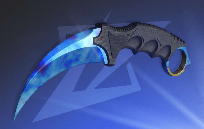 Blue Gem Karambit 387 Case Hardened with an almost 100% blue playside and virtually no gold or purple, recognized as the only God Tier pattern, with only around nine known examples and a single Factory New copy in existence.